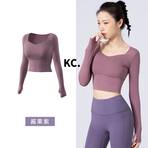 Kaooseen yoga wear sports tops for women 2025 spring and summer thin fitness clothes quick-drying running slim Pilates long-sleeved suit three-piece bra set berry purple + tomato purple S ((Recommended 80-90Jin Jin equals 0.5 kg))