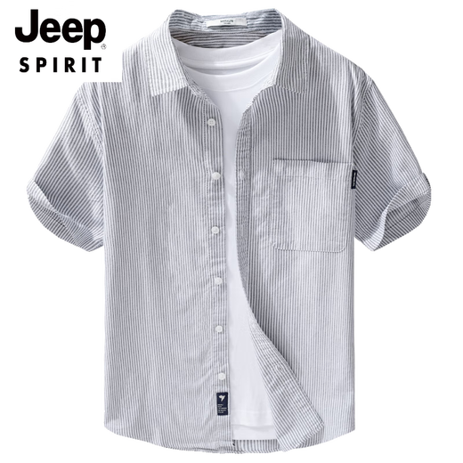 JEEP SPIRIT男士纯棉短袖衬衫日系休闲夏季薄款条纹衬衣新款潮流拼接上衣 9740浅蓝色 L