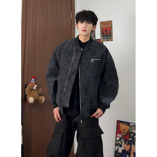 NYINGpu leather jacket men's 25 autumn new American trendy brand short casual work jacket loose versatile tie-dye top gray XL (125-150Jin Jin equals 0.5kg)