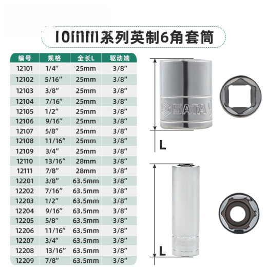 语森忆中飞英制套筒六角套筒短内六角套头工具加长加厚套筒扳手工具 121 12109-10mm英制六角套筒驱动端3/