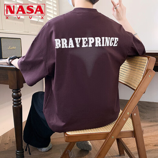 NASA XVVX American necklace short-sleeved T-shirt for men's youth summer fashion brand loose half-sleeved cotton boy's handsome casual top 692 burgundy 2XL (about 130~145 Jin [Jin equals 0.5 kg] can be worn)