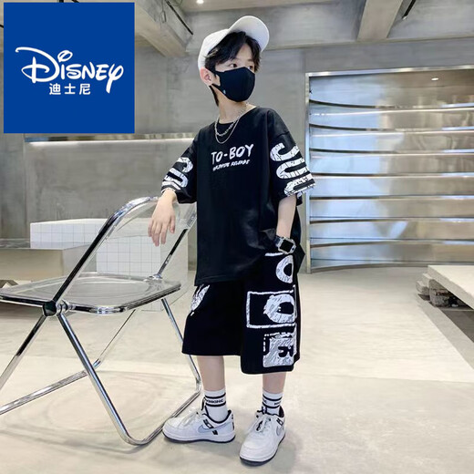 迪士尼（Disney）男童套装2025夏季新款网红套装一整套儿童t恤中大童男孩两件套潮 黑色短袖[SO套装]#687 170 适合身高160左右