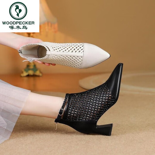 
Woodpecker 2025 new high heeled sandals braided temperament pointed toe thick heeled sandals women's mesh boots summer mesh women's shoes black 38