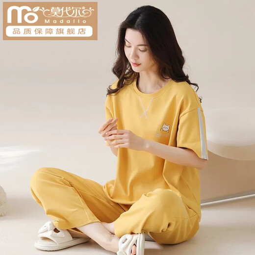 莫代尔棉质睡衣女短袖长裤夏季韩版女士圆领套装薄款棉质外穿家居服 RN9713#短袖长裤 棉质 M (80-100斤)