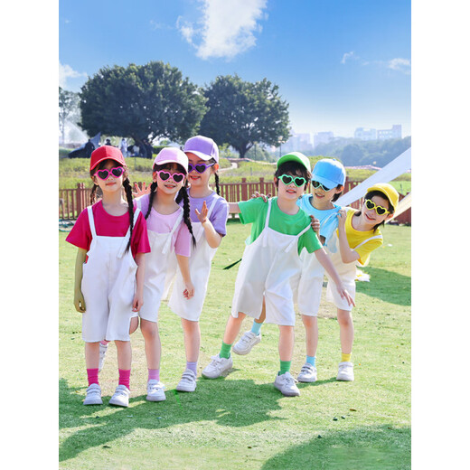 Yunqiang Jumping Candy Performance Costumes Liuyi Kindergarten Dance Performance Costumes Children's Overalls Performance Costumes Graduation Photo Costumes Light Pink T-Shirt + Overalls + Free Socks Gay 110