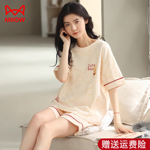 猫人（MiiOW）睡衣女款夏季纯棉短袖短裤甜美薄款全休闲学生家居服套装 YX7505 9855 M 【 建议80-100斤穿】
