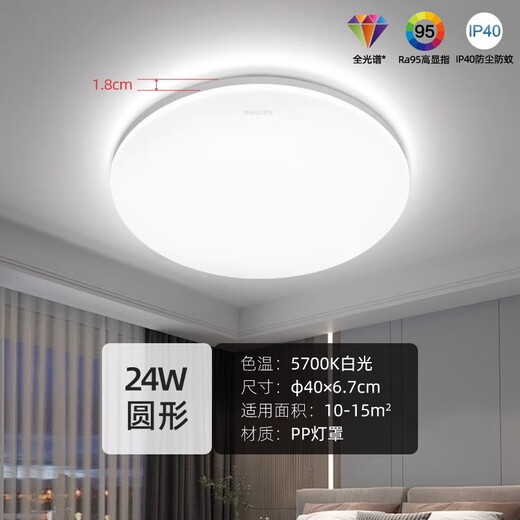 Philips full spectrum LED ceiling lamp ultra-thin three-proof balcony lamp bedroom aisle simple corridor lamp Hengshuo full spectrum 24W white light diameter 40CM