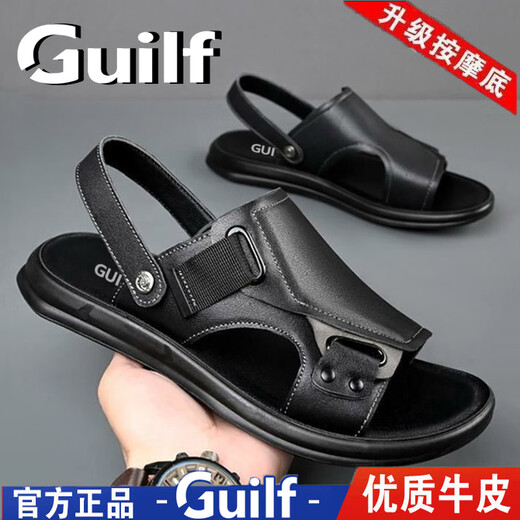 GUILFGUILF头层牛皮凉鞋男士夏季真皮防滑软底休闲外出两用沙滩鞋男 GU9923【黑色/头层牛皮】 41