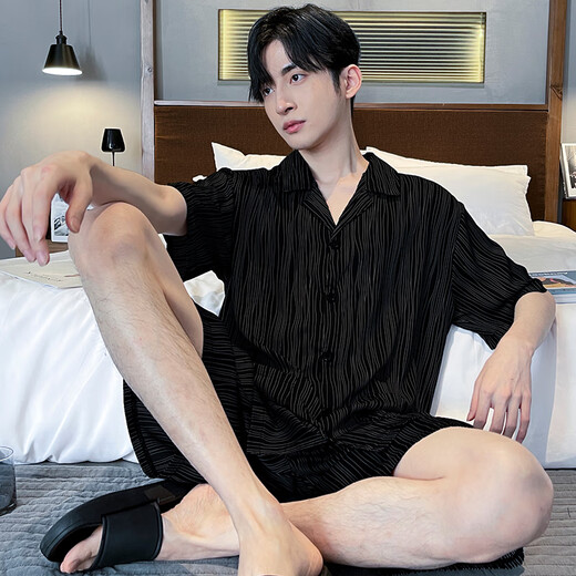 
Catman MiiOW pajamas men summer ice silk short sleeve thin summer black simulated silk summer style can be worn outside home clothing suit [ice silk] S1381 men L