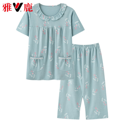 雅鹿高档新款妈妈睡衣女夏季纯棉短袖七分裤薄款中老年人加大码套装 卡其色 LM6626【开衫款】 M 【80-100斤】