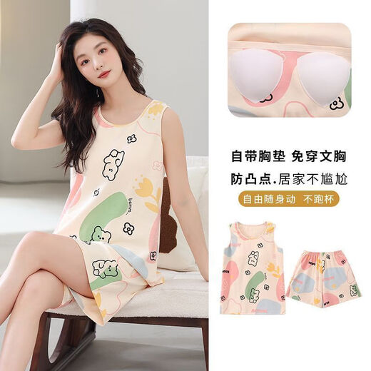 梦心声新款睡衣女夏棉料无袖短裤背心吊带家居服宽松可爱卡通套装 梦背心套装：G9859 M