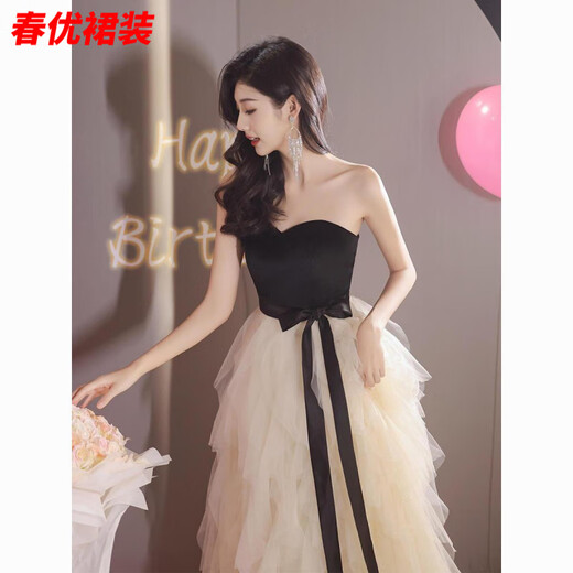 Bajintu Banquet Tubeless Evening Dress for Women New Style Birthday Art Exam Dress Light Luxury Niche High-end Annual Party Black S