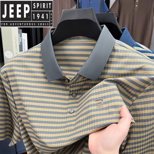 JEEP SPIRIT新款夏季冰丝短袖t恤男士撞色条纹休闲翻领POLO.衫凉感上衣爸爸装 蓝色 GR-9207【冰丝凉感】 M 48 (适合95-115斤)