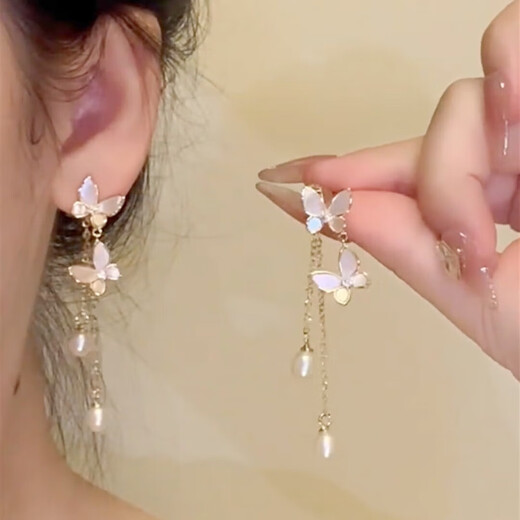 Nianfu earrings are light luxury niche high-end simple tassel long new style earrings fairy temperament Mid-Autumn Festival gift for girls earrings white butterfly