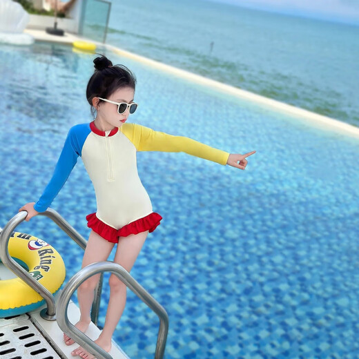 OIMG Girls 2025 Swimsuit Summer New Style Girls One-piece Swimsuit Children's Long Sleeve Sun Protection Swimsuit Long Sleeve Dopamine Swimsuit + Swimming Cap 110 Recommended height is about 1 meter