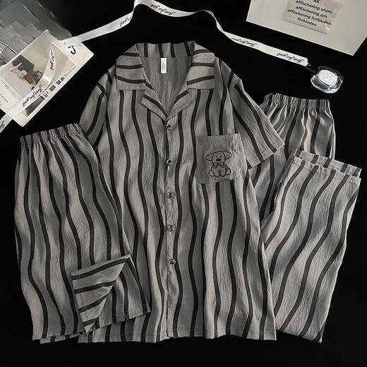 
Yalu 2025 new men's pajamas Yunduo Cotton Short Sleeve Three-piece Set for summer simple and generous, can be worn on the outside for men's home clothes Yunduo Cotton 12529 [two-piece Set] L Recommended height 170, weight 100-130