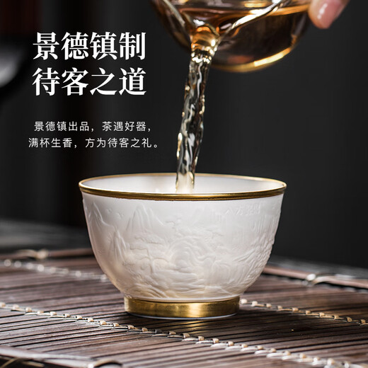 Yujiazhai Jingdezhen Ceramic Shadow Green Hand-carved Master Cup Tea Cup Kung Fu Tea Cup Large Master Cup Traced Gold Cup Eight Directions Gathering Money Tea Cup