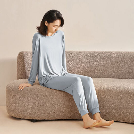 雅鹿轻奢感睡衣女2025新款莫代尔情侣圆领套头束脚可外穿家居服 深蓝/浅蓝【683T女款】 S