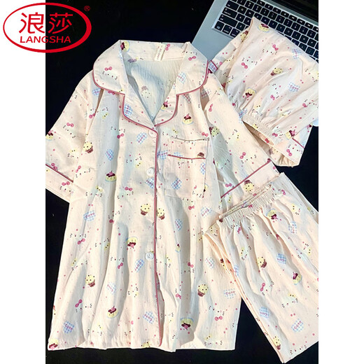 LangSha (LangSha) summer fresh cloud pure cotton yarn pajamas for women in summer short-sleeved student cute cardigan three-piece set home clothes Yunduo Cotton-9905# black love three-piece set M Recommended 75-100Jin [Jin equals 0.5 kg]]