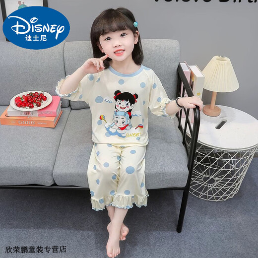 Disney baby girls pajamas new ice silk thin summer children's cartoon 7-quarter sleeve Nezha home clothes baby girl air conditioning clothes off white 110 Recommended 100-110cm2-3 years old cm
