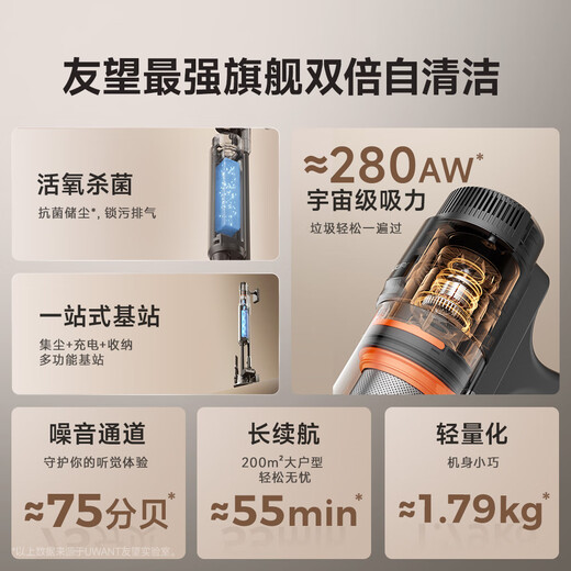 uwant友望吸尘器V400Ultra 自集尘洗【280AW超强大吸力 55min长续航】活氧杀菌家用无线手持扫地除螨仪