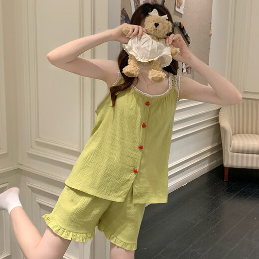 Yalu Yunduo Pyjamas en coton pour les femmes en été avec poitrine poitrine Sexe Shets Set Les vêtements de maison pour femmes à la mode peuvent être portés à l'extérieur de 9226 poudre 2xl (140-160jin [Jin est égal à 0,5 kg]))