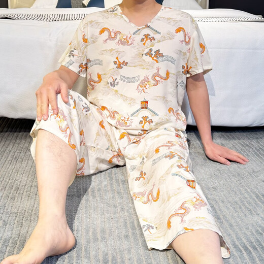 东方绸男士睡衣夏季棉绸加大码绵绸薄款短袖家居服青年人造棉套装 d5009 2XL 175厘米建议体重135斤内