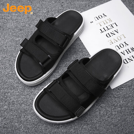 吉普（JEEP）拖鞋男2024新款魔术贴夏季外穿潮流一字拖男款防滑青少年沙滩凉鞋 黑色 43