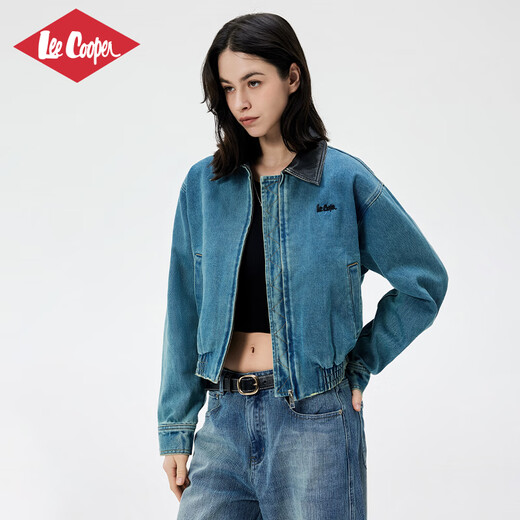 Lee Cooper李库珀高端美式牛仔外套女短款翻领品牌复古水洗设计感小众夹克女 蓝色 M
