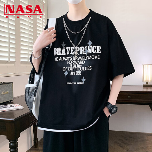 NASA XVVX American necklace short-sleeved T-shirt for men's youth summer fashion brand loose half-sleeved cotton boy's handsome casual top 692 burgundy 2XL (about 130~145 Jin [Jin equals 0.5 kg] can be worn)