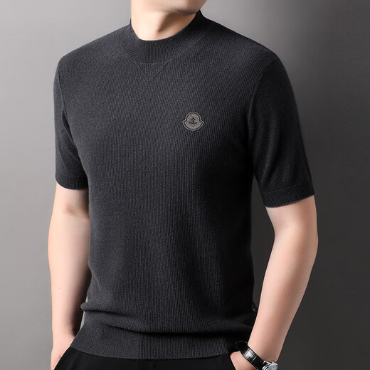 Hengyuanxiang 100% pure wool sweater men's round neck pullover autumn new short-sleeved sweater solid color casual versatile sweater light coffee L 175/50/110