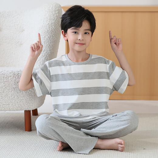 EMBERLOVE男童睡衣夏季薄款儿童短袖长裤纯棉家居服小男孩中大童青少年套装 N9901【短长】 165 cm L码 100-115斤