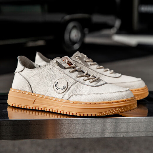 Spring and Autumn Men's Shoes Genuine Leather Real Cowhide Breathable Beef Tendon Sole Shoes Air Force All-match No. 1 Wheat Color Sports and Casual 898 White 44
