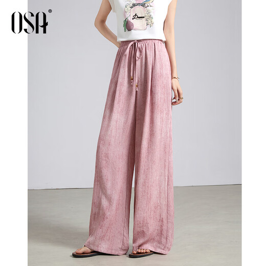 OSA (OSA) lazy style drawstring wide-leg pants for women 2025 summer new versatile slim elastic waist straight floor trousers Pink M