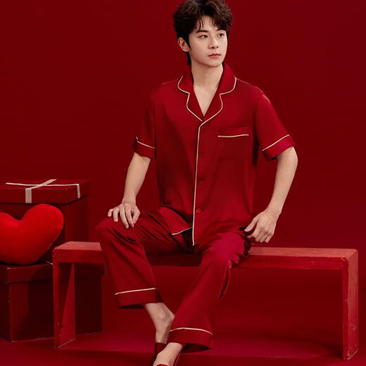 
Langsha couple pajamas for women in spring and autumn styles for marriage and new marriage year red ice silk long sleeve men's home clothes gift box set 1098 men embroidered women small yellow flowers (gift box) one size male L+ female M