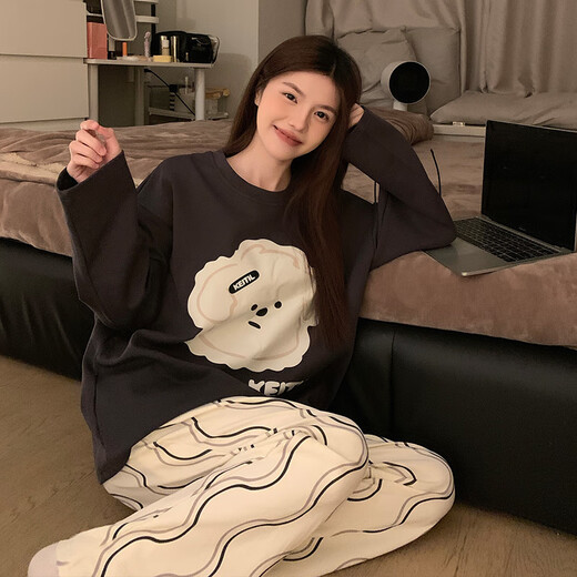 
Yalu new pajamas for women in spring and autumn summer long-sleeved cute student dormitory pure and beautiful home clothing set KT-16803-Sesame Street L [Suggested 100-120Jin [Jin equals 0.5 kg]]