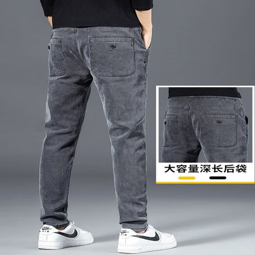 Velvet thickened jeans men's autumn and winter elastic welding work clothes wear-resistant large size labor protection pants auto repair overalls plus velvet style 433 gray 3XL recommended 145-160 Jin Jin equals 0.5 kg