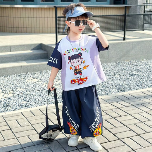 男童套装夏装2025新款中小童哪吒衣服儿童薄款两件套潮酷男孩t恤 825款-【紫色套装】 110  尺码 建议咨询客服