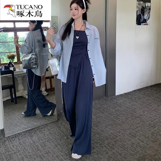 Pájaro carpintero (tucano) Nuevo tamaño de verano de moda y temperamento versátil Protección solar de la camisa suelta que abraza la cintura y los pantalones rectos de las patas anchas y el conjunto de tres piezas L recomendado 100-120 Jin [Jin equivale a 0.5 kg]