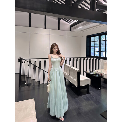 YIOU Gala Annual Meeting Slim Fit Super Fairy Crystal Diamond Chain Large Swing Strap Long Dress 8345 Green M