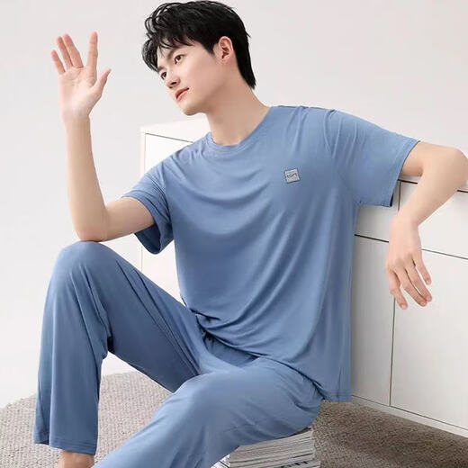 Yalu Pyjamas Herren Sommer kurzärmelige Hosen Hauskleidung Dünne Eis Seide Kühl einfacher Anzug modal kurzärmelig + Hosen 2677 L Empfohlen 100-120