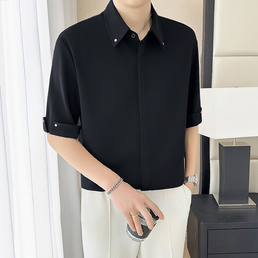 ITELIMA International High Luxury Brand Summer New Cool Ice Silk Herren-Hemd-Hemd-Bündel Fünf-Punkte-Kurzarm Casual 1048 Mousse Brown [Geschenkbox] L _Suggiert 120-140jin [Jin ist gleich 0,5 kg]