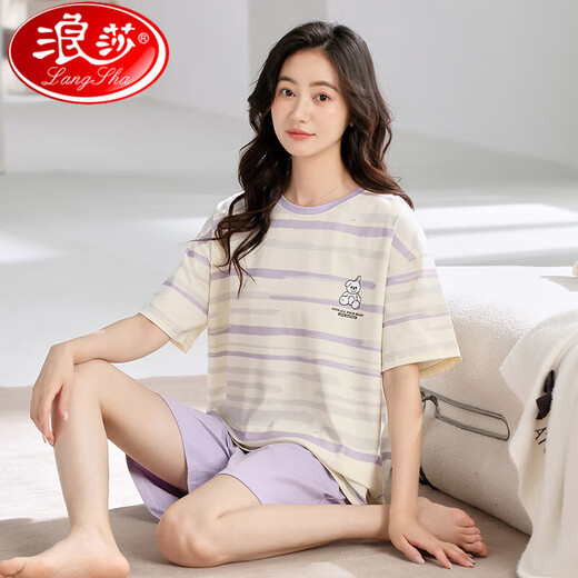 浪莎（LangSha）睡衣女士夏季纯棉2025新款夏天休闲条纹短袖短裤两件套家居服 LS-YZT9848灰黑条 短 裤套装 M 建议80-95斤