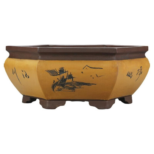 
Six-party engraved purple clay flower pot breathable green plants flowers and ceramic potted large diameter hexagonal bonsai pot 693 small red
