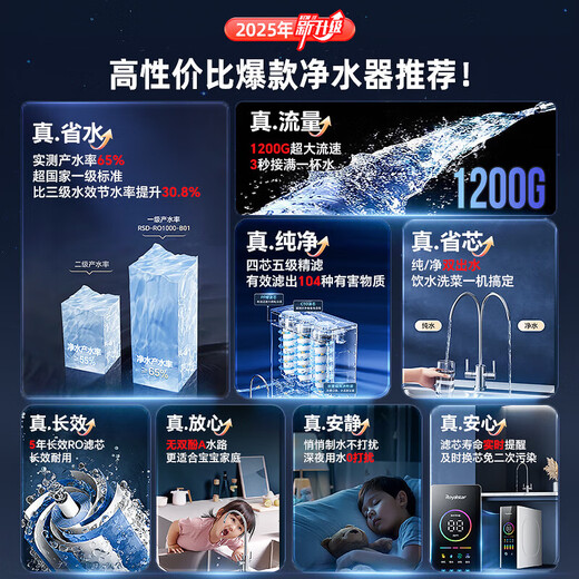 Rongshida Water Purifier Household Direct Drinking Machine Kitchen Underwater Water Purifier Kitchen Integrated Ro reverse osmosis Water Purifier Drinking Machine [Hot and Cold Two-Piece Set] 800G+Hot and Cold Pipeline Machine [365 Days Replace Only No Repair] Free Home Installation