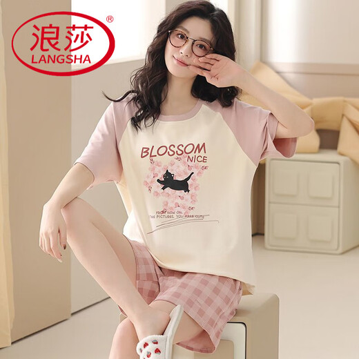 Langsha (Langsha) Pure Cotton Pyjamas Kurzärärmelte Frauen 2025 NEUE SOMMER Pink Plaid Shorts Sakura Black Cat Home Clothing Set OY723 2XL (geeignet für Gewicht 130-150 Jin [Jin gleich 0,5 kg])