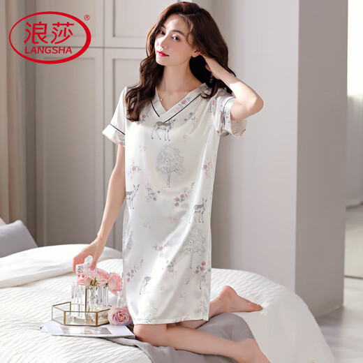 浪莎轻奢2025新款睡裙女款睡衣夏季高级感短袖性感睡裙真绸缎家居服 白橡色 9923 M 160