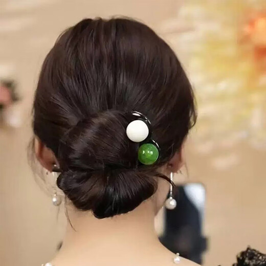 Koti high-end three-tooth beaded U-shaped hairpin for daily commuting, ball head hairpin, hairpin on the back of the head, fixed hairpin, beige green
