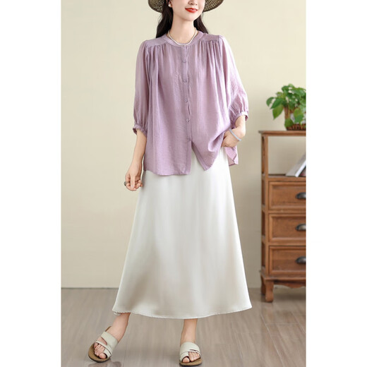 
Jiandang large-size women's fat MM summer new French retro slightly transparent solid color slim and versatile versatile trousers shirt for women 6169 off-white L [120-140Jin [Jin equals 0.5 kg]]