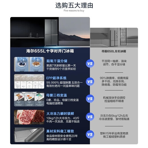 海尔冰箱655L十字对开四开门一级双变频风冷无霜家用超大容量EPP超净 双循环655升【整机十年延保】 BCD-655WGHTD9DG9U1